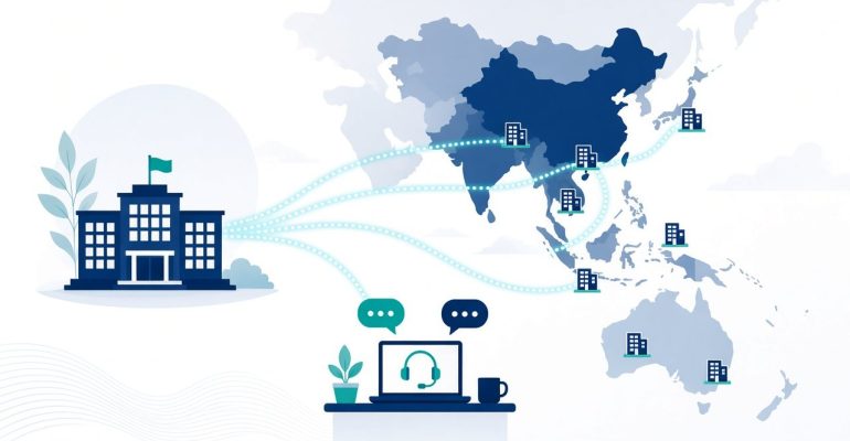 Headquarters linked to local offices across an APAC map through a bilingual managed helpdesk