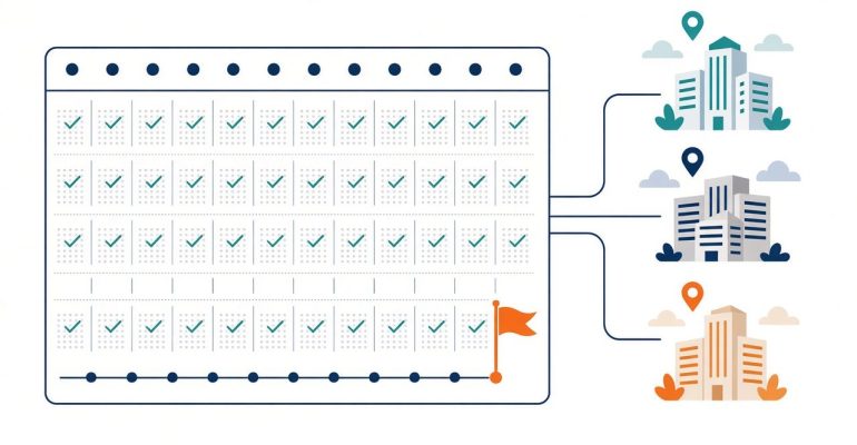 Monthly IT support calendar with an annual planning checkpoint for offices in several cities