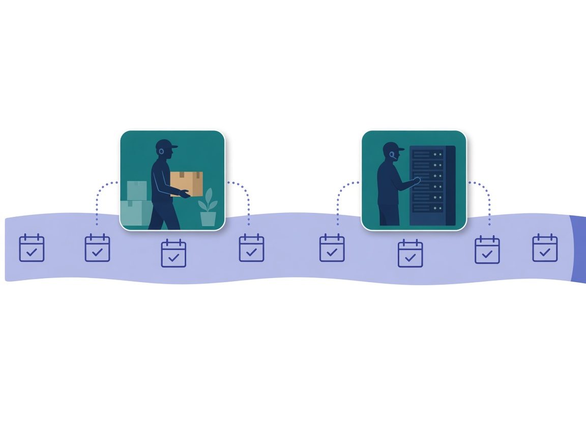Fiscal-year view: shared retainer support as a baseline, with dedicated dispatch periods for an office move and a system rollout