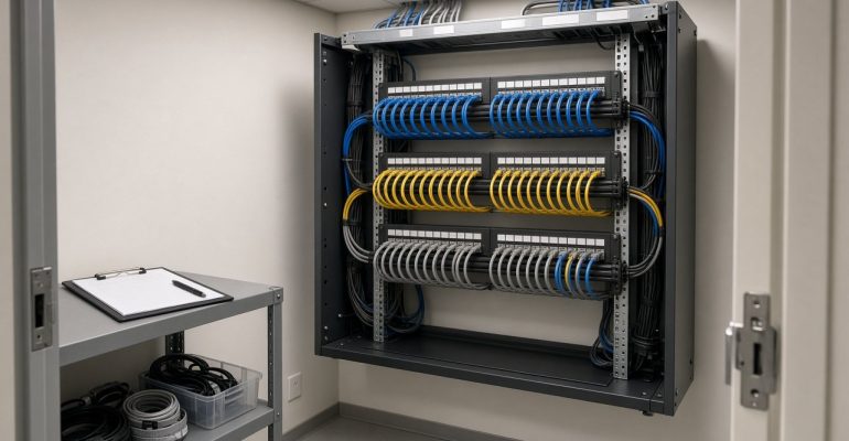 Organized office network closet with color-coded patch cords, labeled panels and a maintenance checklist