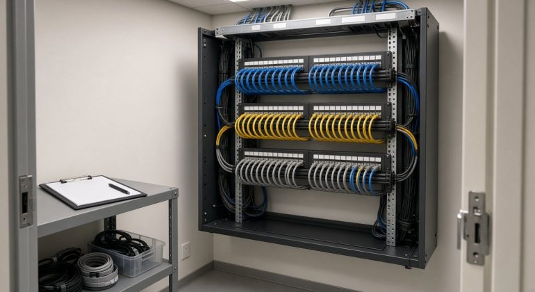 Organized office network closet with color-coded patch cords, labeled panels and a maintenance checklist