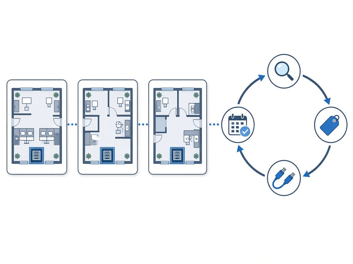 Three office sites linked by a recurring maintenance cycle: inspect, label, patch and schedule