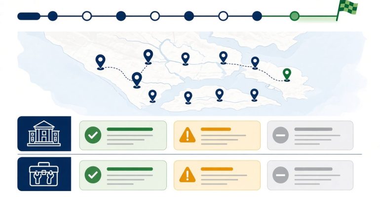 GBA project cutover timeline with city pins and status lanes for HQ and local teams