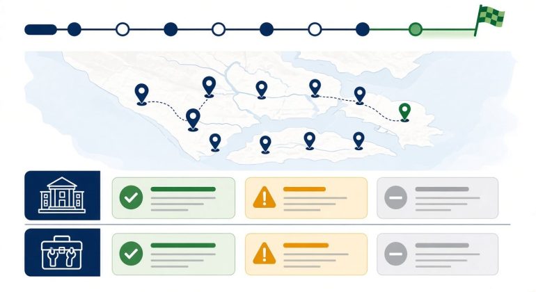 GBA project cutover timeline with city pins and status lanes for HQ and local teams