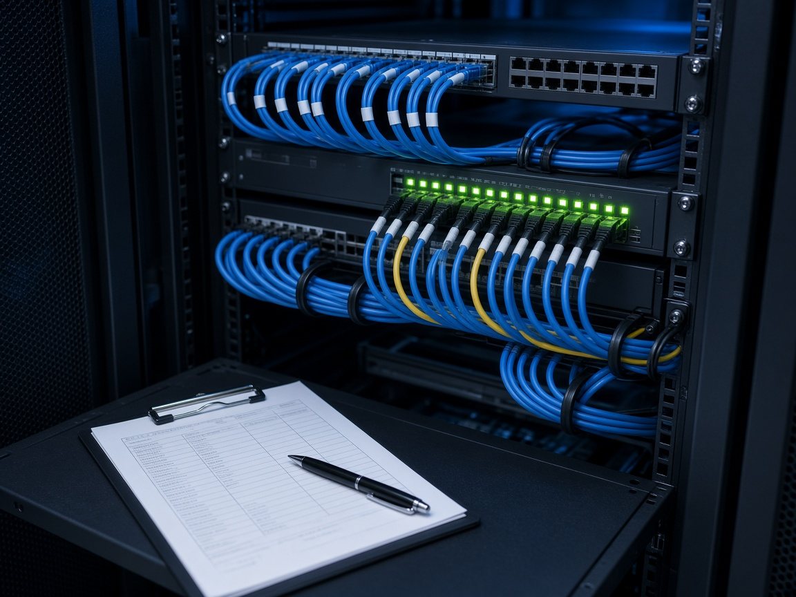 Freshly dressed rack with labeled patch cords, active switch link lights and a validation checklist on the shelf