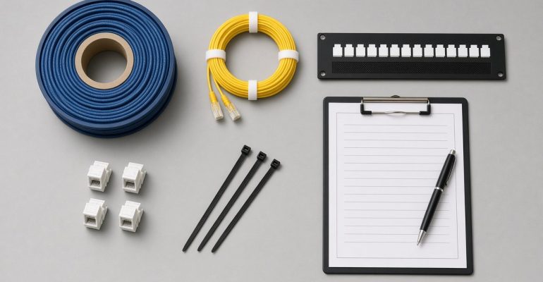Structured cabling materials flat lay: copper cable reel, fiber patch cord, keystone jacks, patch panel and spec sheet