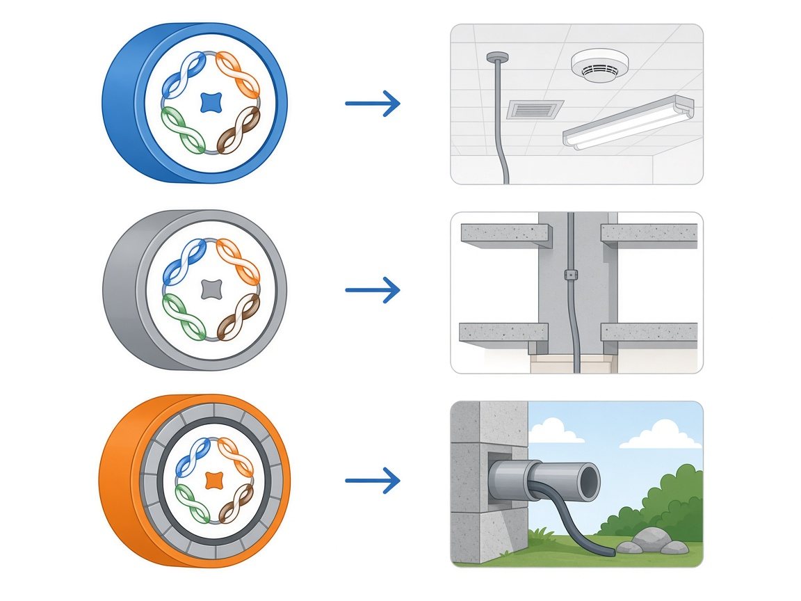 Comparison of cable jacket types and where each is typically used: office ceiling, riser between floors and outdoor conduit