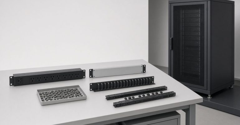 Individual data center rack components on a workbench beside a complete server rack cabinet