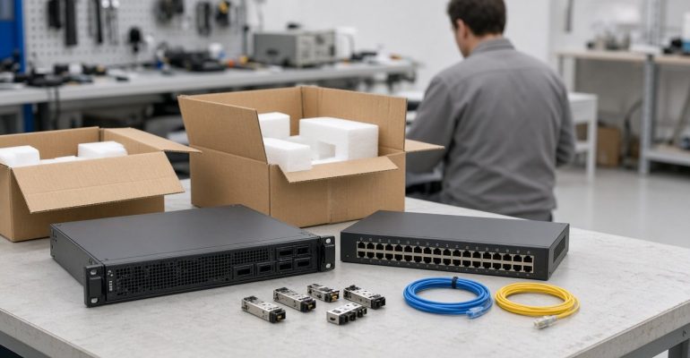 Server, network switch and optical modules on a staging bench before shipping to APAC sites
