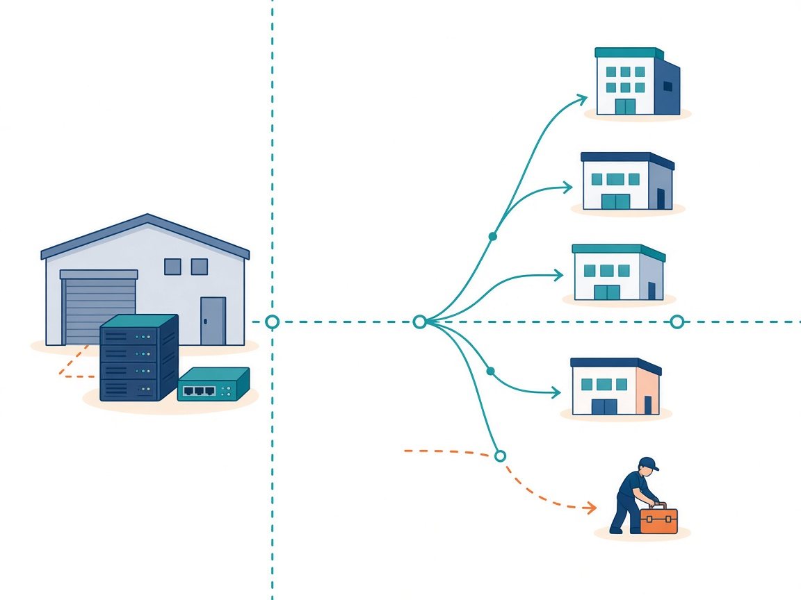Equipment route from a staging location across a border to several APAC offices, with optional onsite installation at one site