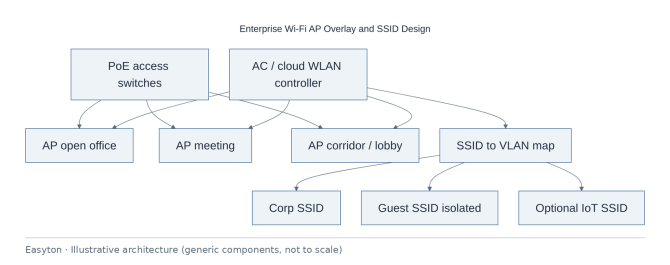 Illustrative architecture diagram: Enterprise Wi-Fi AP Overlay and SSID Design