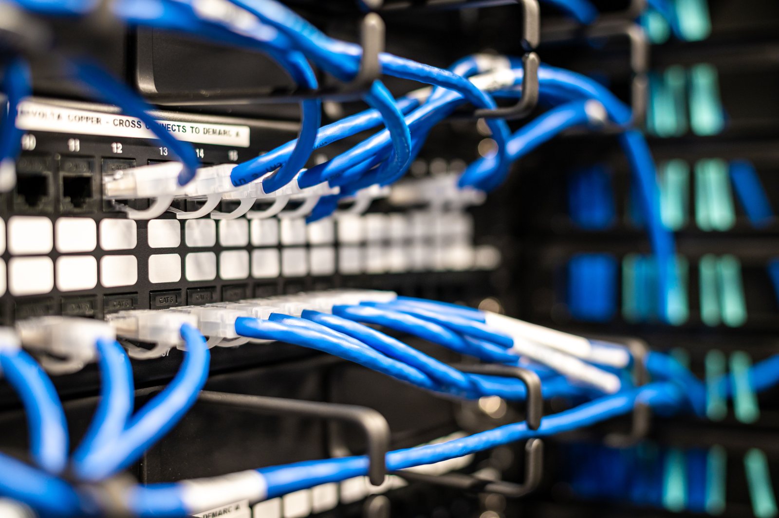 Blue patch leads dressed into a copper patch panel and cable managers
