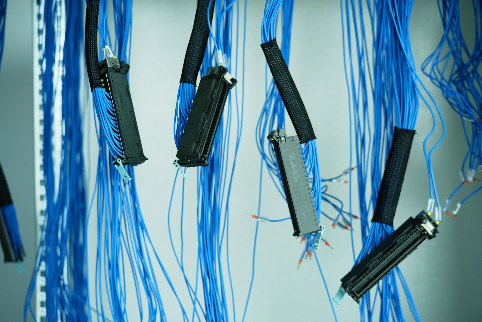 Bundled blue horizontal cables with connectors hanging ready for termination during installation