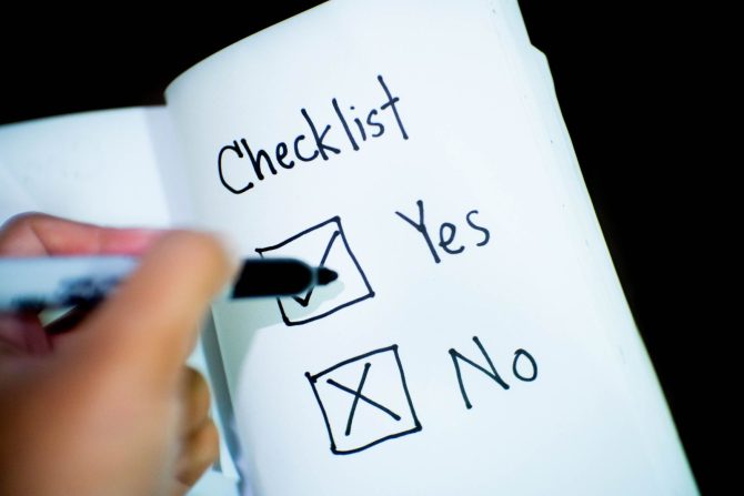 Hand-written checklist with yes and no boxes