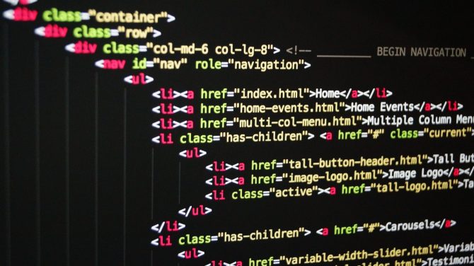 HTML navigation markup with relative page links in a code editor
