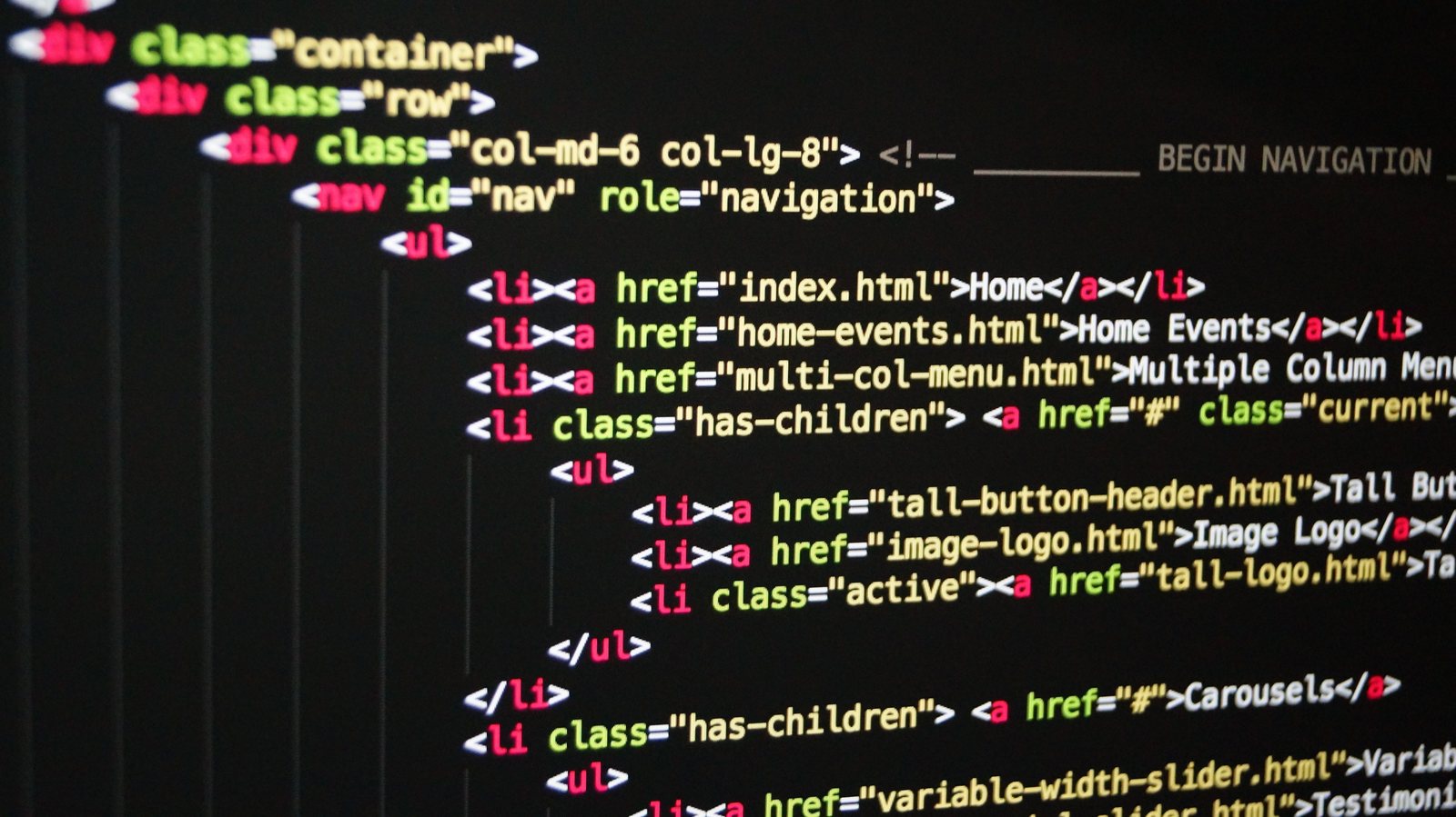 HTML navigation markup with relative page links in a code editor
