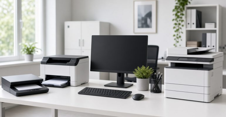 Office desk with a monitor, keyboard and printers