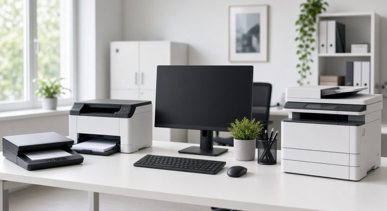 Office desk with a monitor, keyboard and printers