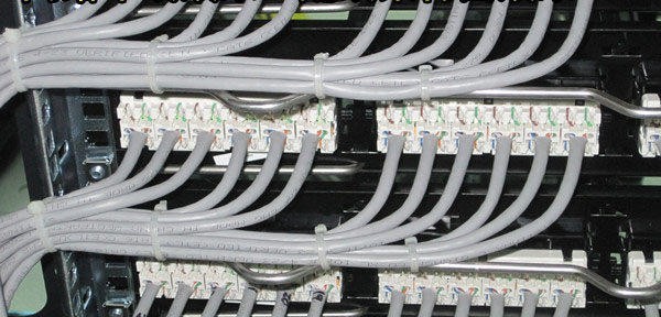 Rear of copper patch panels with bundled, tied and dressed horizontal cables